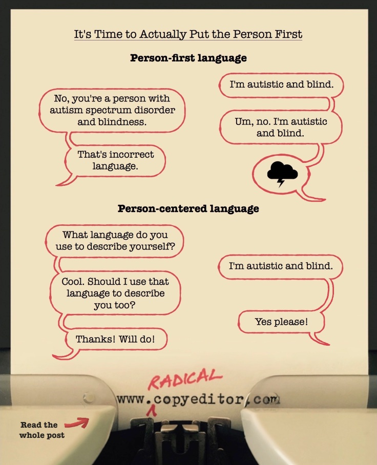Speech bubbles illustrating the difference between &quot;person-first language&quot; and &quot;person-centered language&quot;